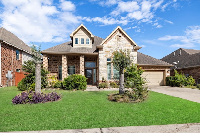 view of front of property featuring a front lawn and a garage