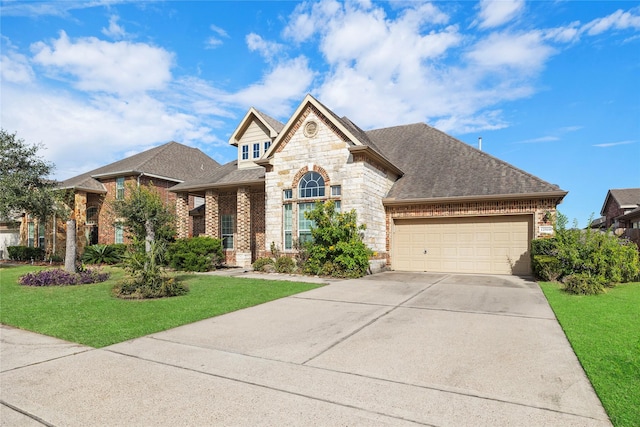 view of front of house featuring a garage and a front lawn