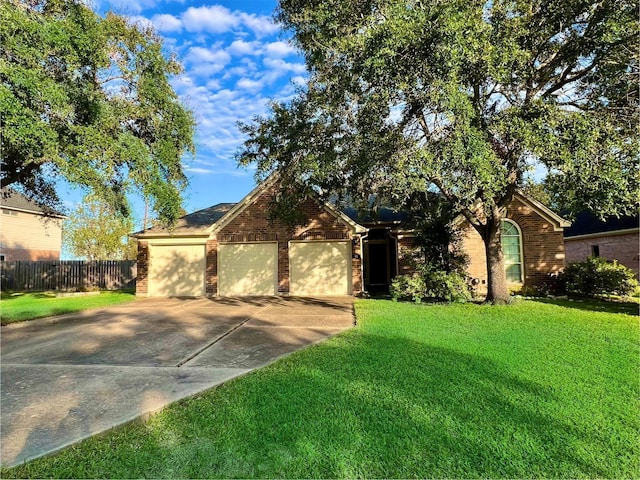 view of front of property featuring a front lawn and a garage