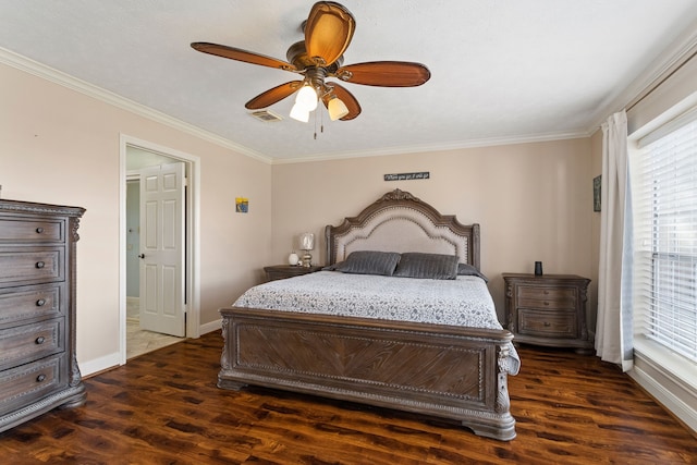 bedroom featuring ceiling fan, dark hardwood / wood-style floors, and ornamental molding