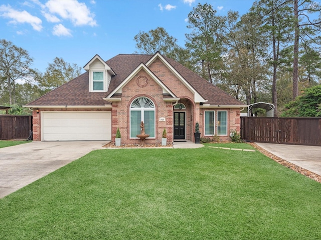 view of front of home with a garage and a front lawn