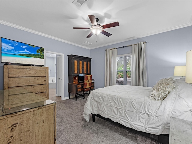 carpeted bedroom featuring ensuite bathroom, ceiling fan, and ornamental molding