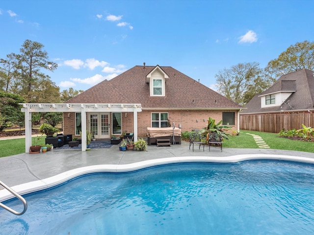 view of pool featuring a pergola, outdoor lounge area, and a patio area