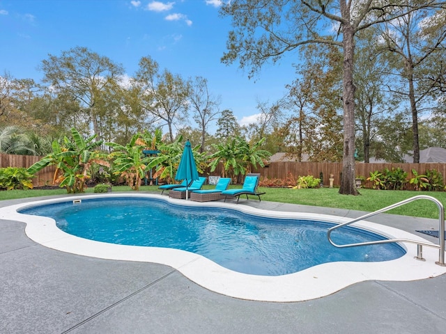 view of swimming pool with a yard and a patio