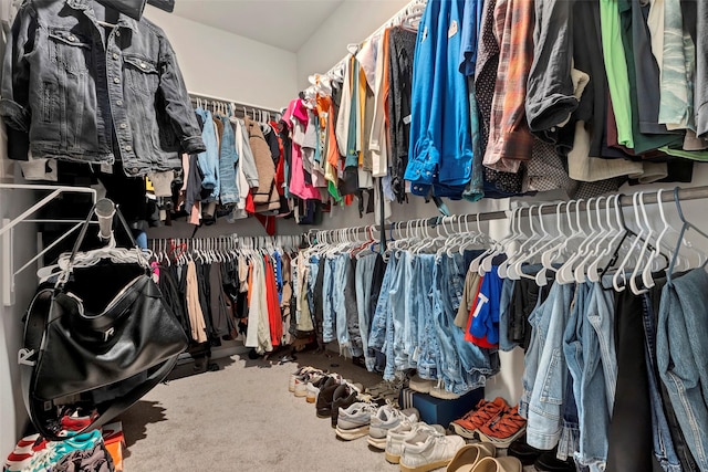 walk in closet featuring carpet flooring