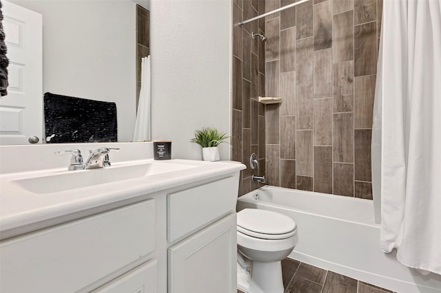 full bathroom with shower / bath combo, vanity, toilet, and hardwood / wood-style floors