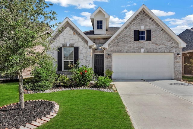 view of front of home featuring a garage and a front lawn