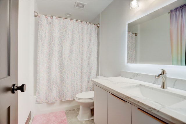 full bathroom featuring vanity, toilet, and shower / bathtub combination with curtain