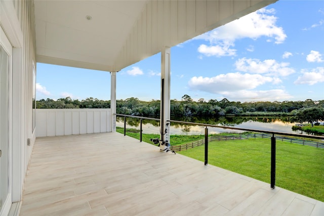 view of patio featuring a water view