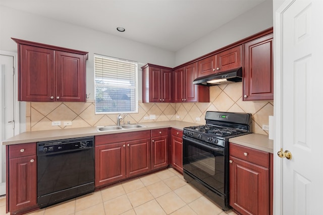 kitchen featuring backsplash, sink, light tile patterned flooring, and black appliances