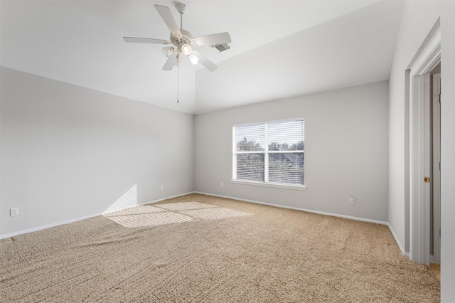 unfurnished bedroom with carpet, vaulted ceiling, and ceiling fan