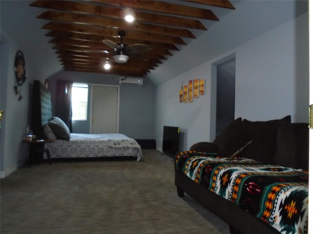 carpeted bedroom featuring ceiling fan, lofted ceiling with beams, and a wall mounted air conditioner