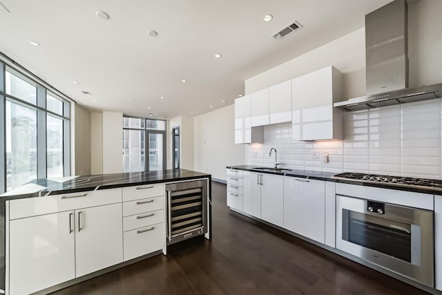 kitchen with white cabinets, wall chimney exhaust hood, sink, and appliances with stainless steel finishes