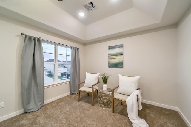 sitting room with light colored carpet and a raised ceiling