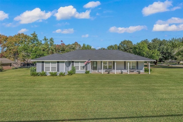 single story home with a front lawn and covered porch