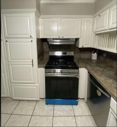 kitchen featuring white cabinetry, stainless steel range with gas cooktop, dishwasher, and range hood