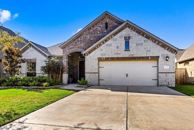 view of front of house with a garage and a front lawn