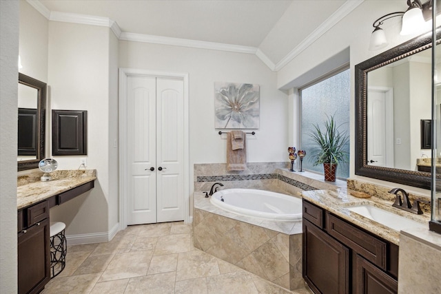 bathroom featuring vanity, lofted ceiling, tiled bath, and crown molding