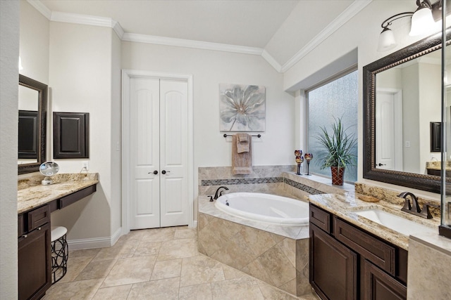 6615 Cottonwood Crest Ln, Katy, TX 77493 - bathroom with a garden tub, vanity, ornamental molding, and baseboards