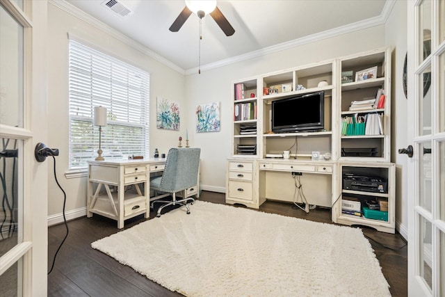 office area with ceiling fan, french doors, dark hardwood / wood-style floors, and ornamental molding