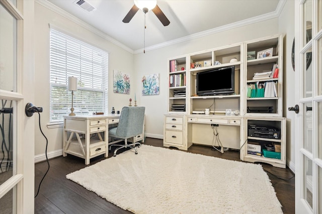 6615 Cottonwood Crest Ln, Katy, TX 77493 - home office with a ceiling fan, crown molding, dark wood-type flooring, and baseboards