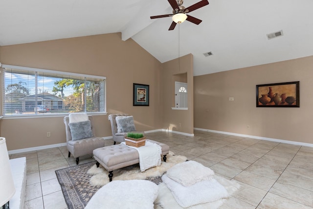 living room featuring ceiling fan, beam ceiling, light tile patterned floors, and high vaulted ceiling