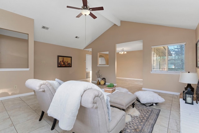 living room featuring ceiling fan with notable chandelier, light tile patterned floors, and vaulted ceiling with beams