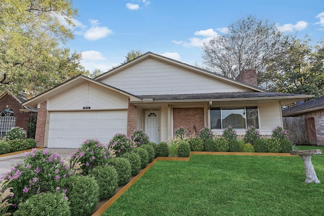 single story home with a garage and a front yard