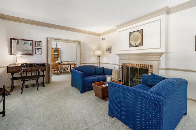 carpeted living room featuring a brick fireplace and ornamental molding