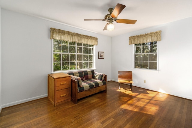 sitting room with dark hardwood / wood-style floors, ceiling fan, and a wealth of natural light