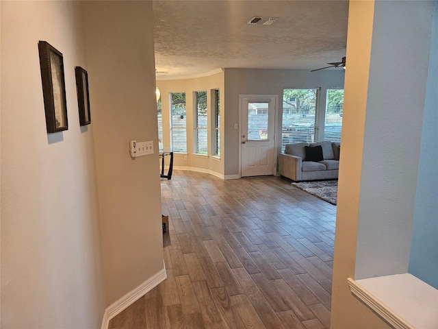 hallway featuring wood-type flooring and a textured ceiling