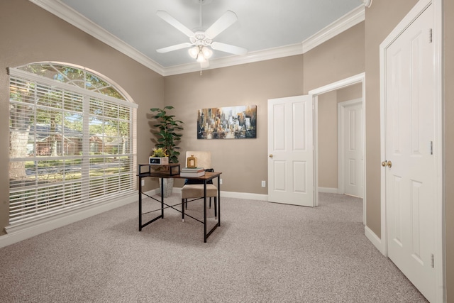 carpeted home office with a wealth of natural light, ceiling fan, and ornamental molding