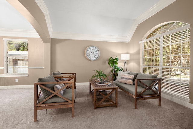 living room with lofted ceiling, carpet floors, and ornamental molding