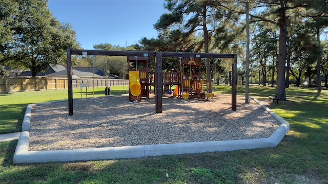 view of jungle gym featuring a yard