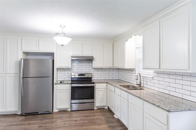 kitchen featuring white cabinetry, sink, backsplash, appliances with stainless steel finishes, and dark hardwood / wood-style floors