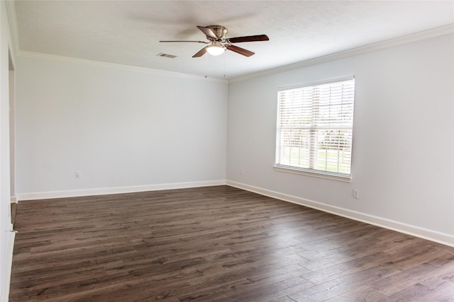 unfurnished room with ceiling fan, dark wood-type flooring, and ornamental molding