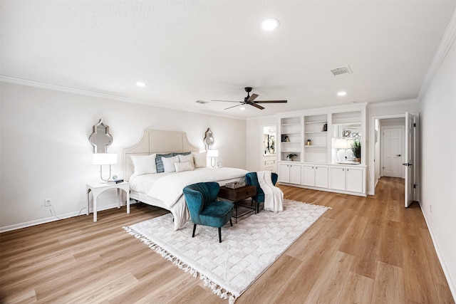 bedroom with light wood-type flooring, ceiling fan, and crown molding