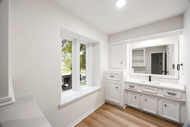 bathroom with hardwood / wood-style flooring and vanity