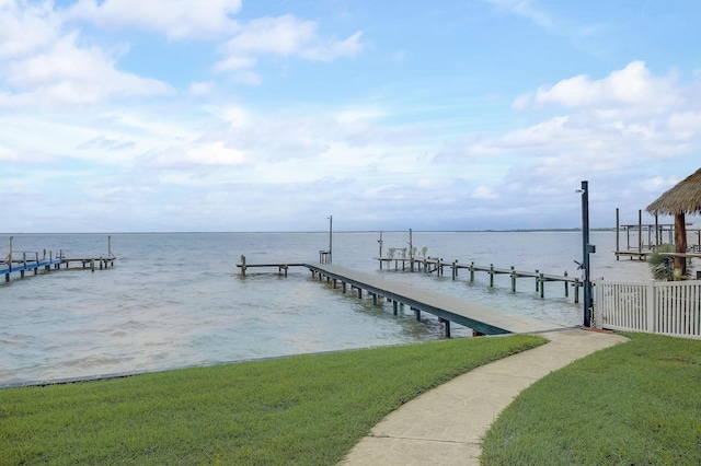 dock area featuring a water view and a yard