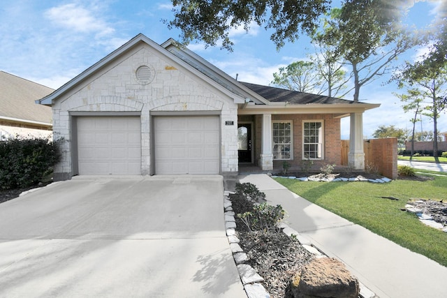 single story home with a garage and a front lawn