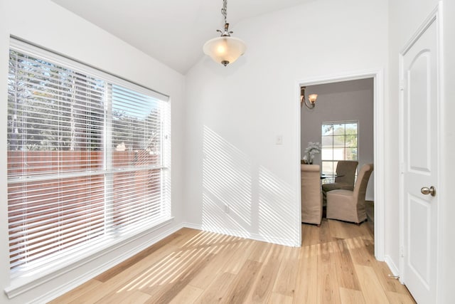 interior space with light hardwood / wood-style floors and vaulted ceiling