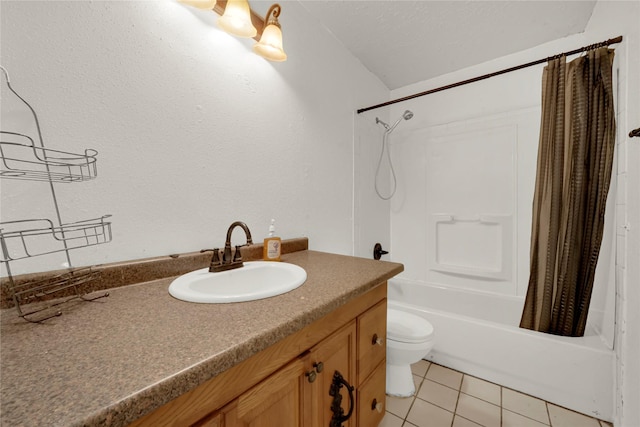 full bathroom with shower / bath combo with shower curtain, tile patterned flooring, vanity, and toilet