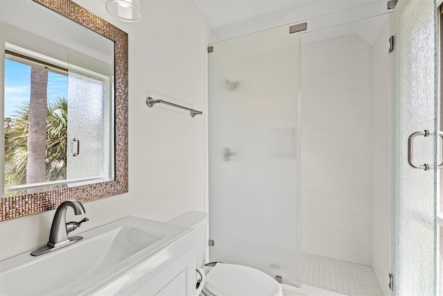 bathroom featuring vanity, toilet, and walk in shower