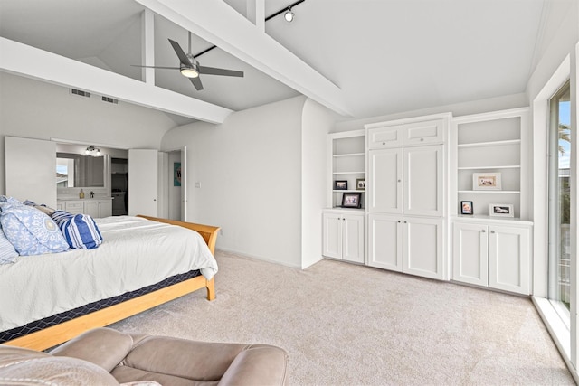 bedroom featuring beam ceiling, ceiling fan, high vaulted ceiling, light colored carpet, and track lighting