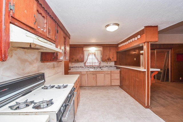 kitchen with light carpet, backsplash, white gas range, wooden walls, and sink