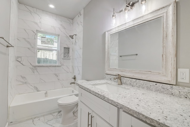 full bathroom with tiled shower / bath combo, toilet, and vanity