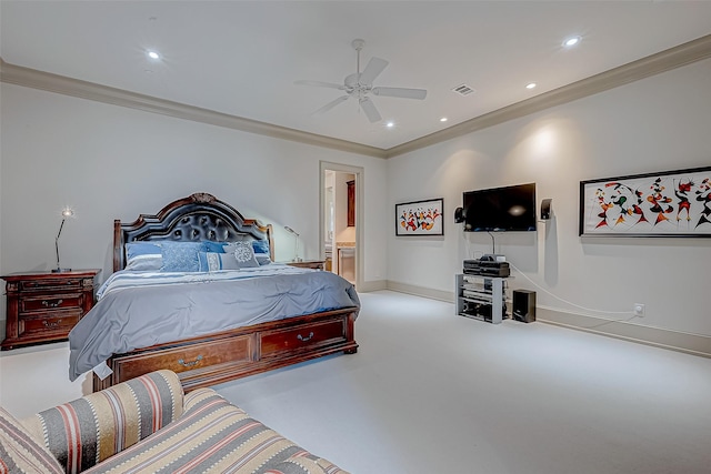 bedroom with ensuite bath, ceiling fan, and ornamental molding