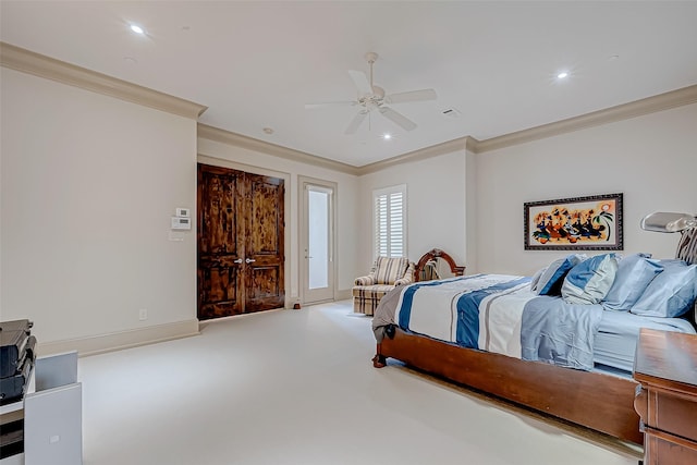 carpeted bedroom featuring ceiling fan and crown molding