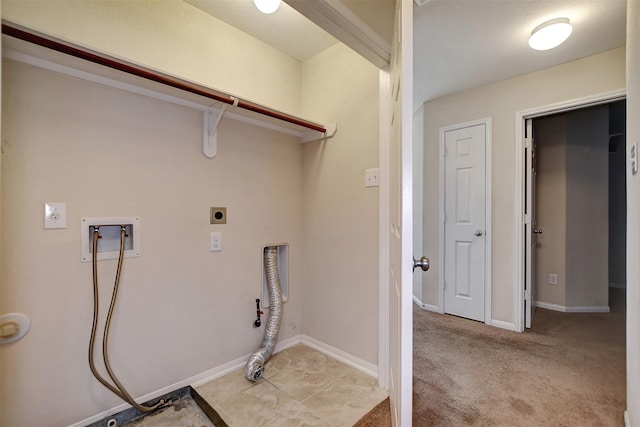 laundry area with hookup for an electric dryer, washer hookup, and light carpet