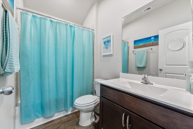 full bathroom with toilet, shower / bath combination with curtain, vanity, and wood-type flooring